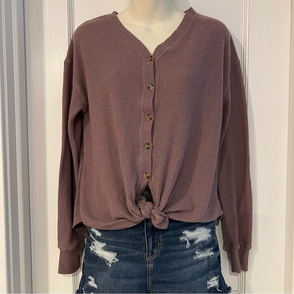 Long Sleeve Waffle Knit Tie Front Top Womens Size Small